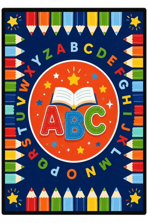 Lacivert Abc Harfli Ve Boya Kalemi Desenli Çocuk Odası Halısı Lacivert çocuk odası halısında açık kitap, abc harfleri ve kenarlarda renkli boya kalemi motifleri
