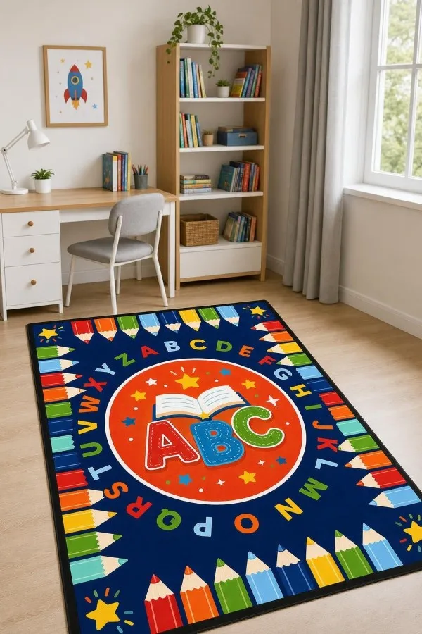 Lacivert Abc Harfli Ve Boya Kalemi Desenli Çocuk Odası Halısı Lacivert çocuk odası halısında açık kitap, abc harfleri ve kenarlarda renkli boya kalemi motifleri
