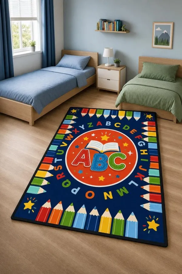 Lacivert Abc Harfli Ve Boya Kalemi Desenli Çocuk Odası Halısı Lacivert çocuk odası halısında açık kitap, abc harfleri ve kenarlarda renkli boya kalemi motifleri