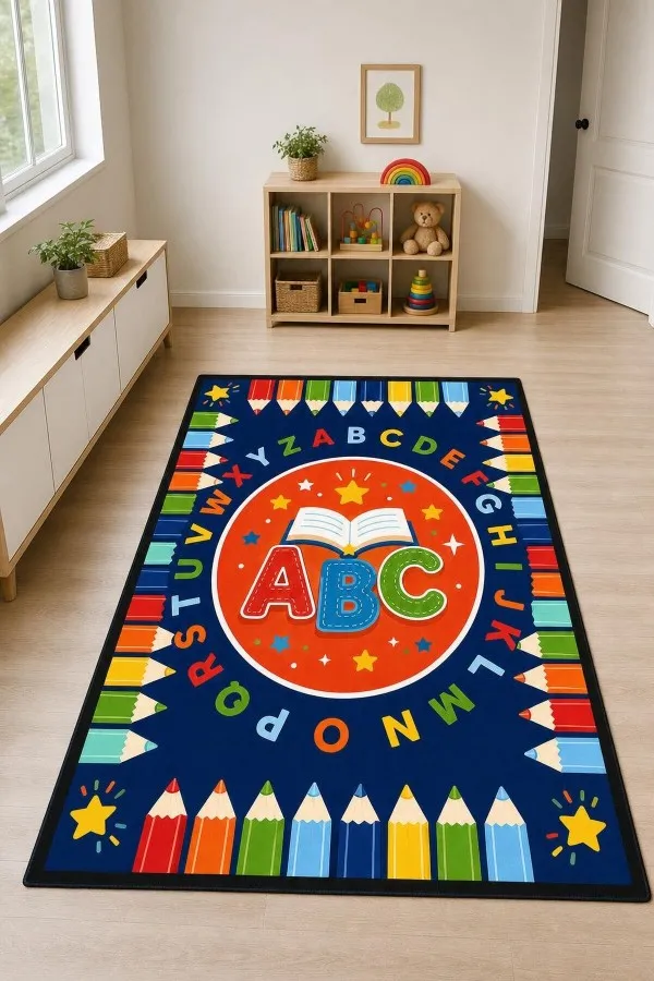 Lacivert Abc Harfli Ve Boya Kalemi Desenli Çocuk Odası Halısı Lacivert çocuk odası halısında açık kitap, abc harfleri ve kenarlarda renkli boya kalemi motifleri