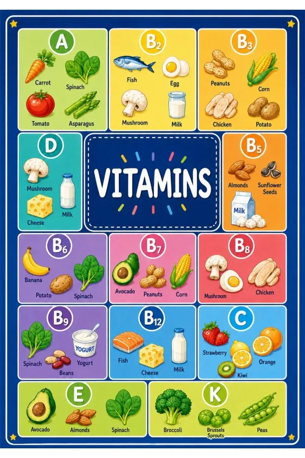 Vitamin Kodları Ve Besin Panelli Çok Renkli Çocuk Odası Halısı Vıtamıns yazısı, vitamin kodları ve besin çizimleri bulunan çok renkli çocuk odası halısı