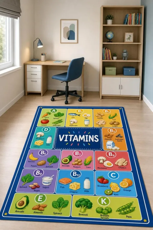 Vitamin Kodları Ve Besin Panelli Çok Renkli Çocuk Odası Halısı Vıtamıns yazısı, vitamin kodları ve besin çizimleri bulunan çok renkli çocuk odası halısı