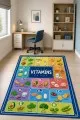 Vitamin Kodları Ve Besin Panelli Çok Renkli Çocuk Odası Halısı Vıtamıns yazısı, vitamin kodları ve besin çizimleri bulunan çok renkli çocuk odası halısı