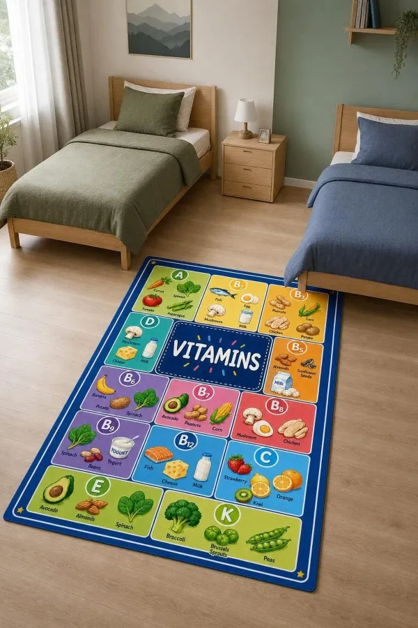 Vitamin Kodları Ve Besin Panelli Çok Renkli Çocuk Odası Halısı Vıtamıns yazısı, vitamin kodları ve besin çizimleri bulunan çok renkli çocuk odası halısı