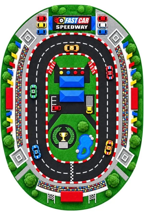Oval Yarış Pisti Desenli Çok Renkli Çocuk Odası Halısı Oval yarış pisti, yarış otomobilleri, pit alanı, kupa ve damalı bayraklı çocuk odası halısı