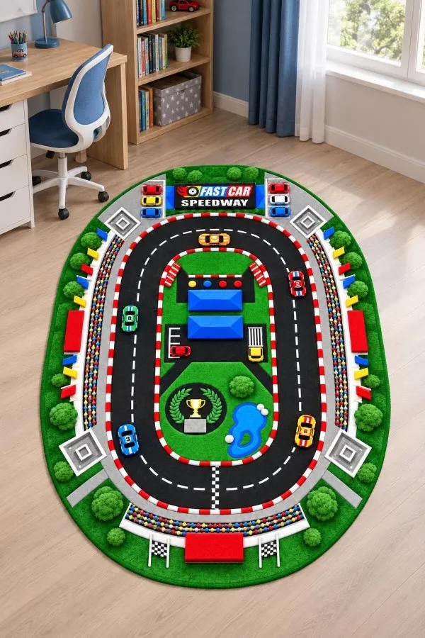 Oval Yarış Pisti Desenli Çok Renkli Çocuk Odası Halısı Oval yarış pisti, yarış otomobilleri, pit alanı, kupa ve damalı bayraklı çocuk odası halısı