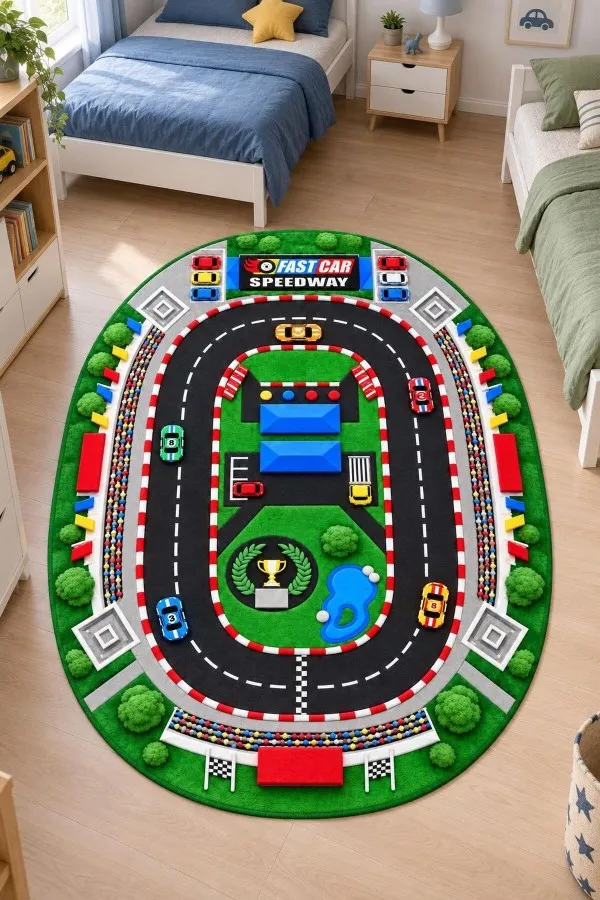 Oval Yarış Pisti Desenli Çok Renkli Çocuk Odası Halısı Oval yarış pisti, yarış otomobilleri, pit alanı, kupa ve damalı bayraklı çocuk odası halısı