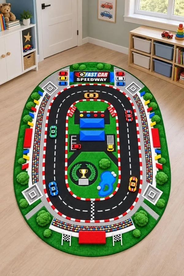 Oval Yarış Pisti Desenli Çok Renkli Çocuk Odası Halısı Oval yarış pisti, yarış otomobilleri, pit alanı, kupa ve damalı bayraklı çocuk odası halısı