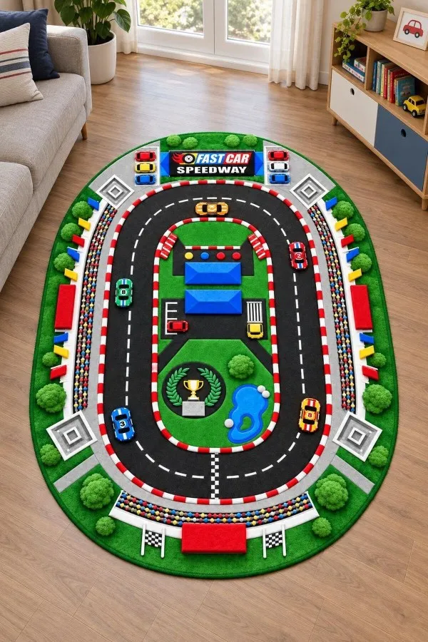 Oval Yarış Pisti Desenli Çok Renkli Çocuk Odası Halısı Oval yarış pisti, yarış otomobilleri, pit alanı, kupa ve damalı bayraklı çocuk odası halısı