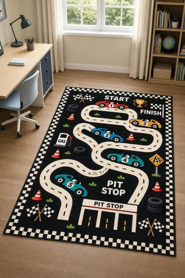 Yarış Pisti Ve Numaralı Otomobilli Çocuk Odası Halısı Siyah zeminli çocuk odası halısında kıvrımlı yarış pisti, numaralı otomobiller, damalı bayrak ve pit stop grafikleri