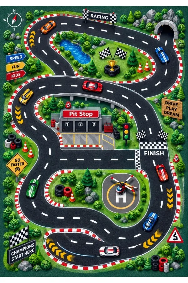 Yarış Pisti Ve Pit Stop Desenli Çok Renkli Çocuk Odası Halısı Çok renkli çocuk odası halısında kıvrımlı yarış pisti, yarış otomobilleri, pit stop, helikopter pisti ve damalı bayraklar yer alır