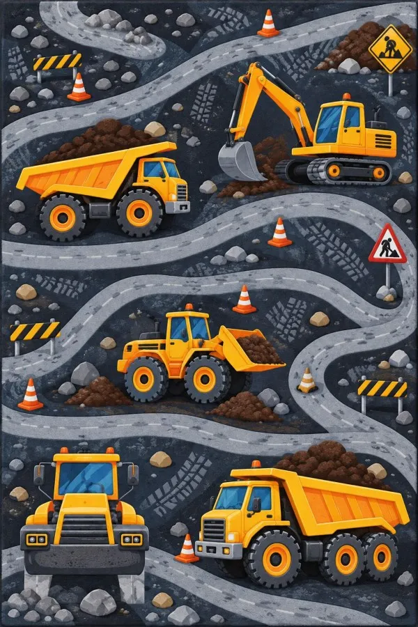 Lacivert İnşaat Araçları Temalı Çocuk Odası Halısı Deseni Lacivert çocuk odası halısı üzerinde kıvrımlı yollar, damperli kamyon, ekskavatör ve trafik konileri yer alır