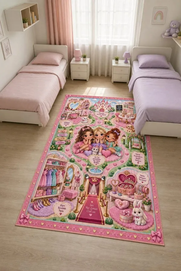 Pembe kız çocuk odası halısında şato, üç prenses karakteri, kalpli yollar ve hayvan figürleri