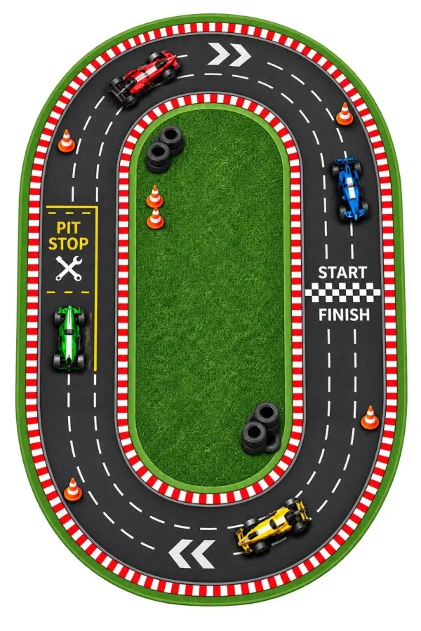 Yarış Pisti Desenli Oval Çocuk Odası Oyun Halısı Tasarımı Çok renkli oval çocuk odası oyun halısı üzerinde yarış otomobilleri, pit stop, koniler ve başlangıç bitiş daması