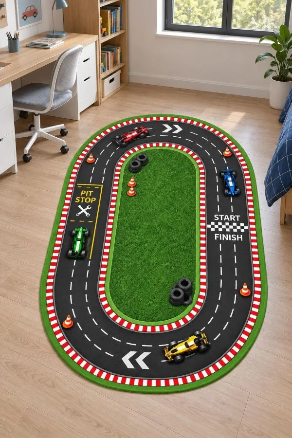 Yarış Pisti Desenli Oval Çocuk Odası Oyun Halısı Tasarımı Çok renkli oval çocuk odası oyun halısı üzerinde yarış otomobilleri, pit stop, koniler ve başlangıç bitiş daması