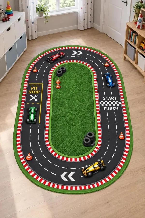 Yarış Pisti Desenli Oval Çocuk Odası Oyun Halısı Tasarımı Çok renkli oval çocuk odası oyun halısı üzerinde yarış otomobilleri, pit stop, koniler ve başlangıç bitiş daması