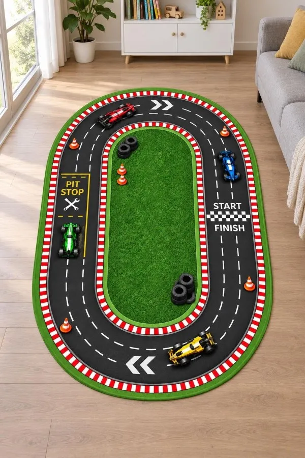 Yarış Pisti Desenli Oval Çocuk Odası Oyun Halısı Tasarımı Çok renkli oval çocuk odası oyun halısı üzerinde yarış otomobilleri, pit stop, koniler ve başlangıç bitiş daması