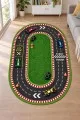 Yarış Pisti Desenli Oval Çocuk Odası Oyun Halısı Tasarımı Çok renkli oval çocuk odası oyun halısı üzerinde yarış otomobilleri, pit stop, koniler ve başlangıç bitiş daması