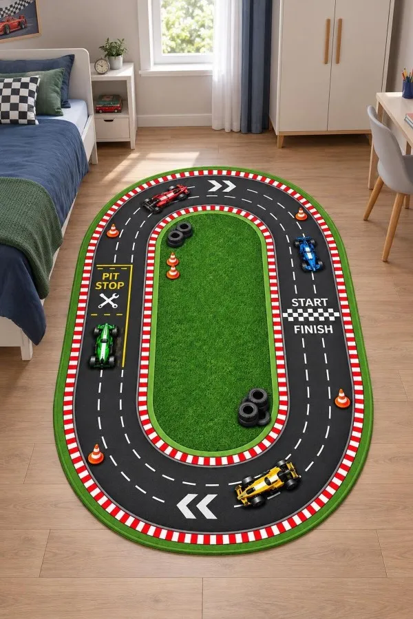 Yarış Pisti Desenli Oval Çocuk Odası Oyun Halısı Tasarımı Çok renkli oval çocuk odası oyun halısı üzerinde yarış otomobilleri, pit stop, koniler ve başlangıç bitiş daması