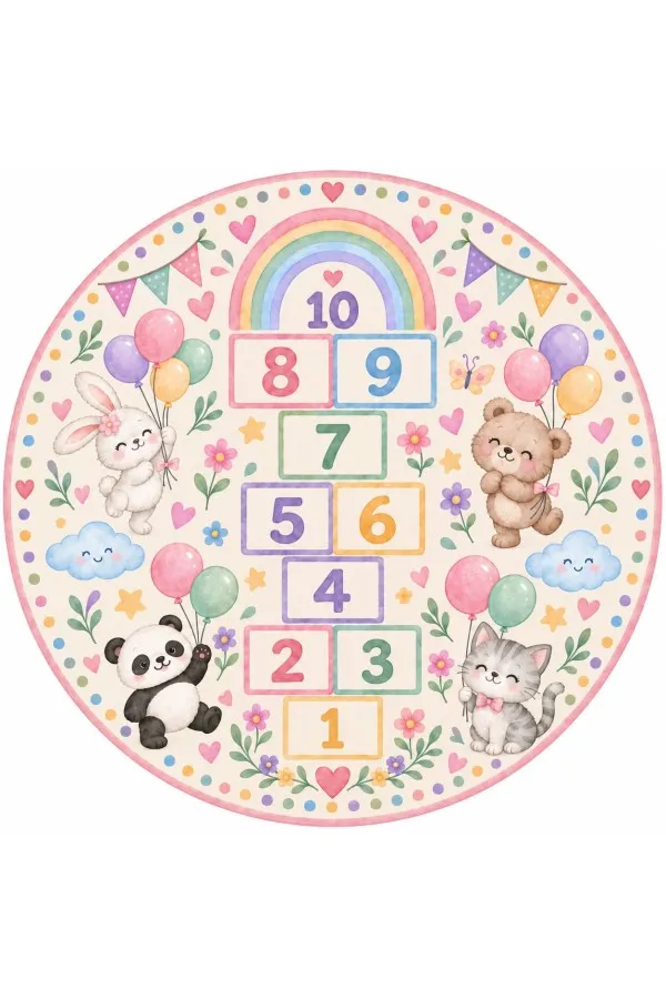 Gökkuşağı Ve Seksek Desenli Yuvarlak Çocuk Odası Oyun Halısı Gökkuşağı, 1-10 rakamlı seksek kutuları ve tavşan ayı panda kedi figürlü yuvarlak çocuk odası oyun halısı