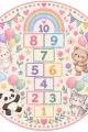 Gökkuşağı Ve Seksek Desenli Yuvarlak Çocuk Odası Oyun Halısı Gökkuşağı, 1-10 rakamlı seksek kutuları ve tavşan ayı panda kedi figürlü yuvarlak çocuk odası oyun halısı