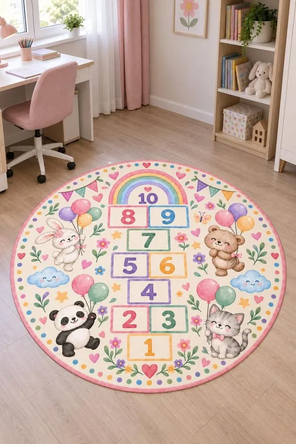 Gökkuşağı Ve Seksek Desenli Yuvarlak Çocuk Odası Oyun Halısı Gökkuşağı, 1-10 rakamlı seksek kutuları ve tavşan ayı panda kedi figürlü yuvarlak çocuk odası oyun halısı