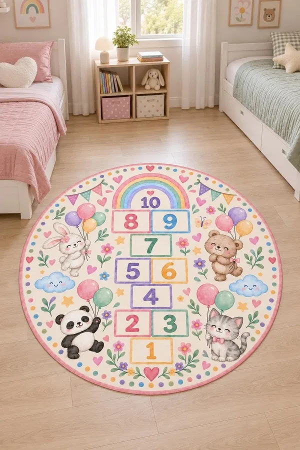 Gökkuşağı Ve Seksek Desenli Yuvarlak Çocuk Odası Oyun Halısı Gökkuşağı, 1-10 rakamlı seksek kutuları ve tavşan ayı panda kedi figürlü yuvarlak çocuk odası oyun halısı