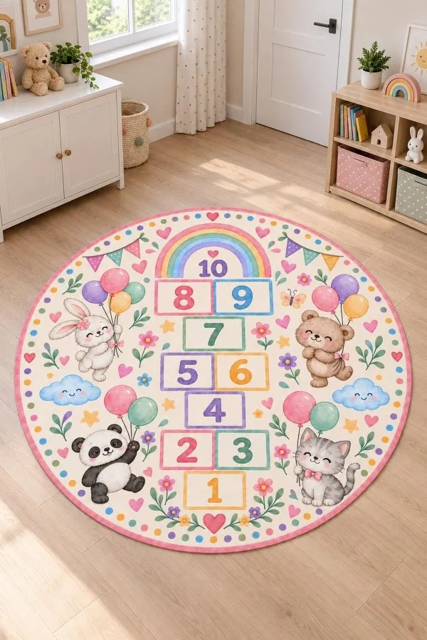 Gökkuşağı Ve Seksek Desenli Yuvarlak Çocuk Odası Oyun Halısı Gökkuşağı, 1-10 rakamlı seksek kutuları ve tavşan ayı panda kedi figürlü yuvarlak çocuk odası oyun halısı