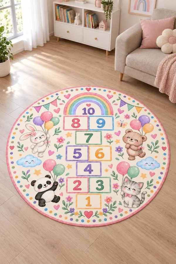 Gökkuşağı Ve Seksek Desenli Yuvarlak Çocuk Odası Oyun Halısı Gökkuşağı, 1-10 rakamlı seksek kutuları ve tavşan ayı panda kedi figürlü yuvarlak çocuk odası oyun halısı