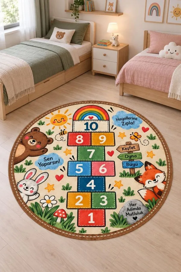 Sayı Temalı Yuvarlak Çocuk Odası Halısı Seksek Deseni Krem zeminli yuvarlak çocuk odası halısında renkli seksek sayıları, gökkuşağı, ayı, tavşan ve tilki figürleri