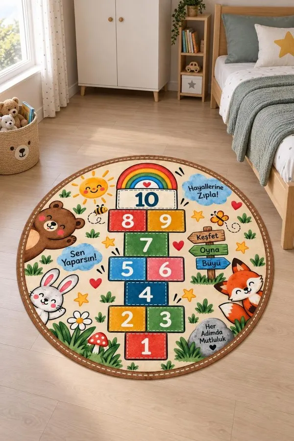 Sayı Temalı Yuvarlak Çocuk Odası Halısı Seksek Deseni Krem zeminli yuvarlak çocuk odası halısında renkli seksek sayıları, gökkuşağı, ayı, tavşan ve tilki figürleri