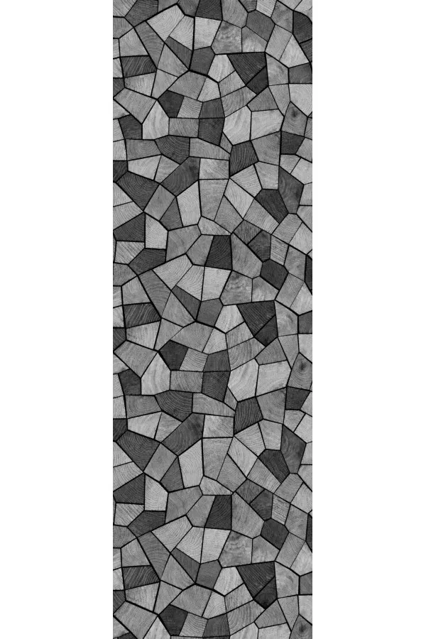Antrede uzanan gri geometrik desenli dijital baskılı halı görünümündeki kesme rulo yolluk