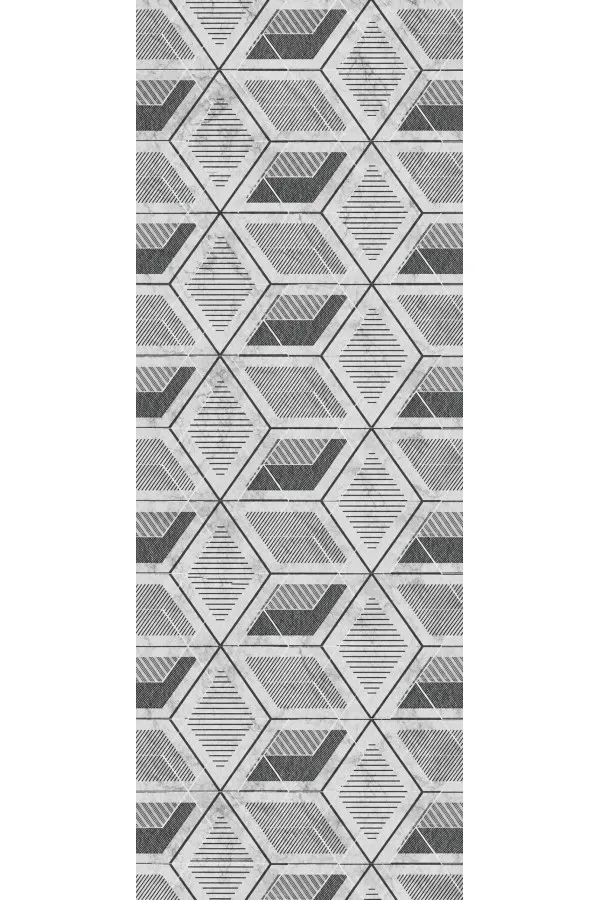 Mutfak geçişinde açık gri zeminli, siyah çizgili geometrik desenli modern koridor yolluğu