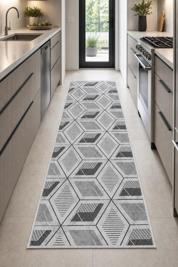 Mutfak geçişinde açık gri zeminli, siyah çizgili geometrik desenli modern koridor yolluğu