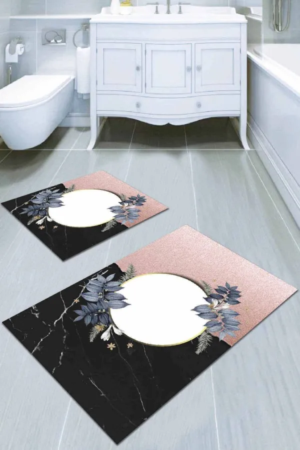 Klozet Takımı 3Lü Pembe Çiçekli Desen Banyo Halısı Klozet Paspas Seti BS005