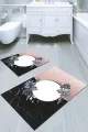 Klozet Takımı 3Lü Pembe Çiçekli Desen Banyo Halısı Klozet Paspas Seti BS005
