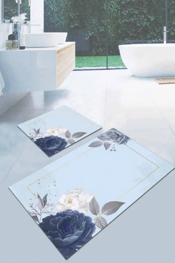 Su Emen Banyo Paspası Eflatun Çiçek Temalı Banyo Halısı Klozet Paspas Seti BS007