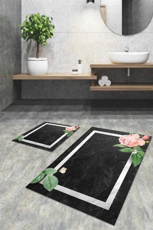 Süper Emici Banyo Paspası Füme Çiçek Desenli Banyo Halısı Klozet Paspas Seti BS008