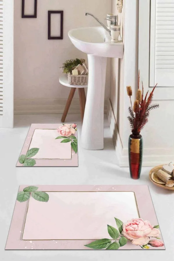 Banyo Halısı Uzun Pembe Çiçekli Desen Banyo Halısı Klozet Paspas Seti BS009