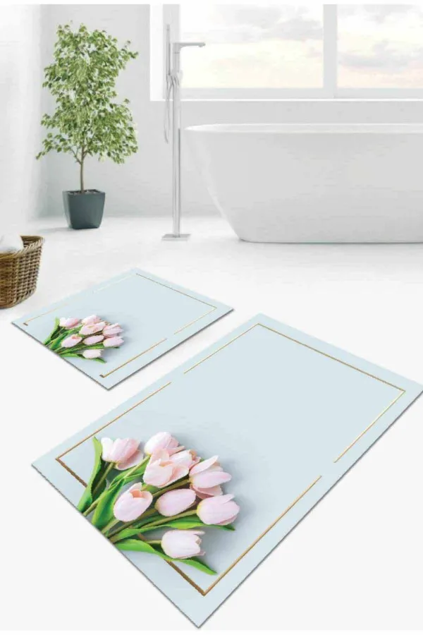 Kaymaz Tuvalet Paspası Açık Mavi Çiçekli Banyo Halısı Klozet 2'li Paspas Seti BS010