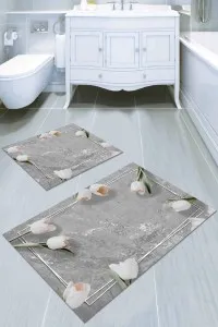 Gri Çiçek Temalı Banyo Halısı Klozet 2'li Paspas Seti BS011 Gri Çiçek Temalı Banyo Halısı Klozet 2'li Paspas Seti BS011