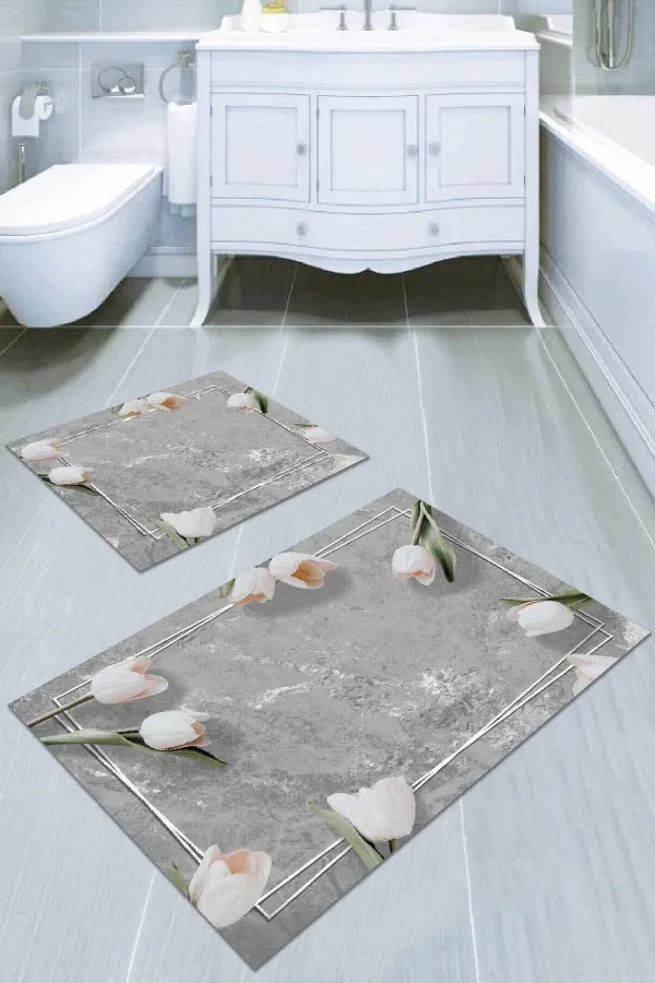 Kaydırmaz Banyo Halısı Gri Çiçek Temalı Banyo Halısı Klozet 2'li Paspas Seti BS011