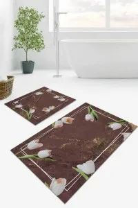 Kahverengi Çiçek Desen Banyo Halısı Klozet Paspas Seti BS012