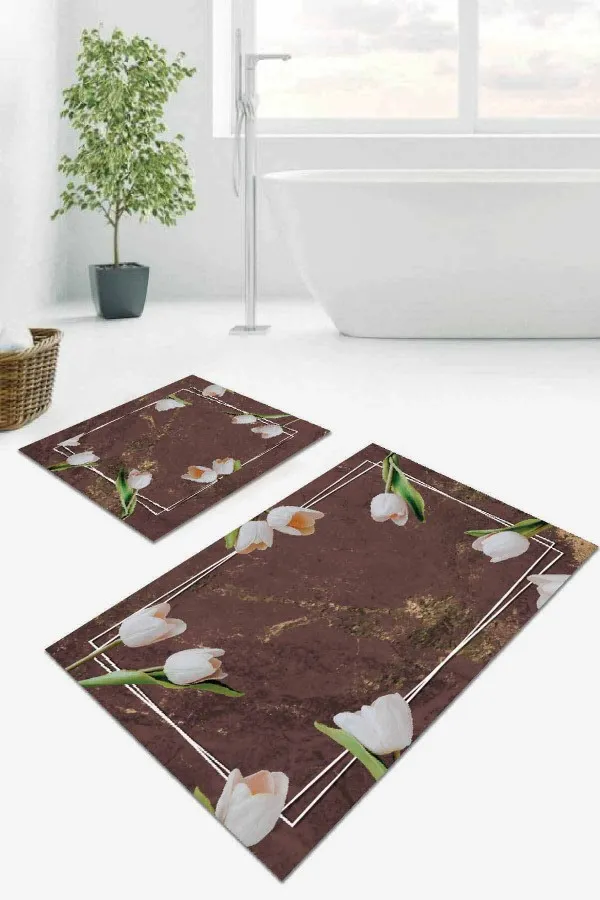 Kaymaz Taban Klozet Takımı Kahverengi Çiçek Desen Banyo Halısı Klozet Paspas Seti BS012