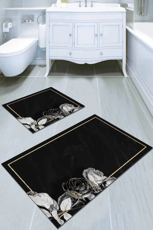 Kaydırmaz Banyo Paspas Takımı Siyah Çiçekli Banyo Halısı Klozet Takımı Paspas Seti BS014