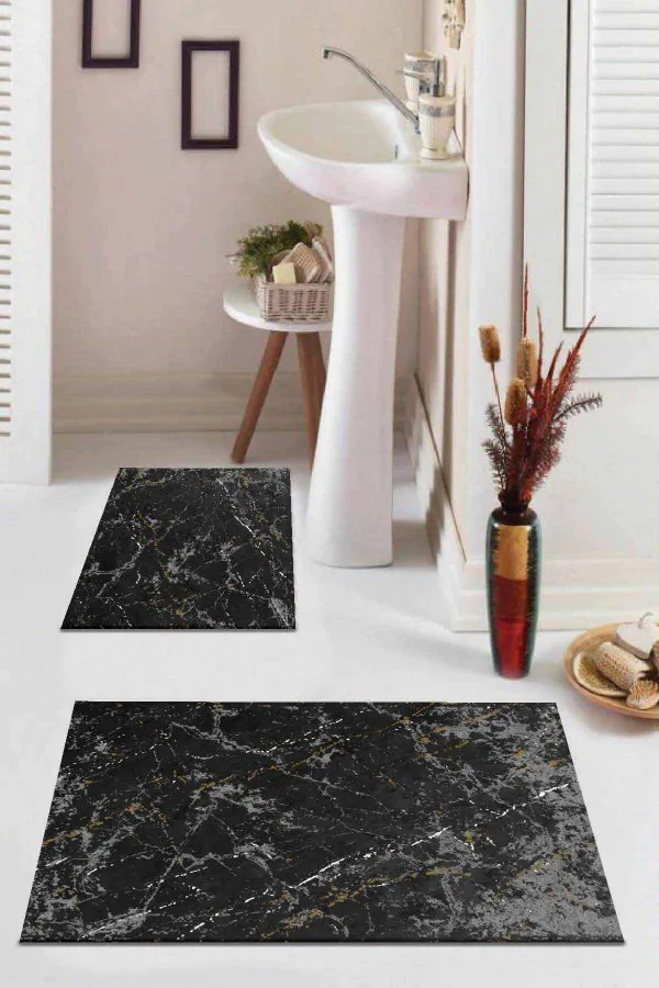 Şekilli Banyo Paspasları Füme Mermer Görünümlü Banyo Halısı Klozet Paspas Seti BS015