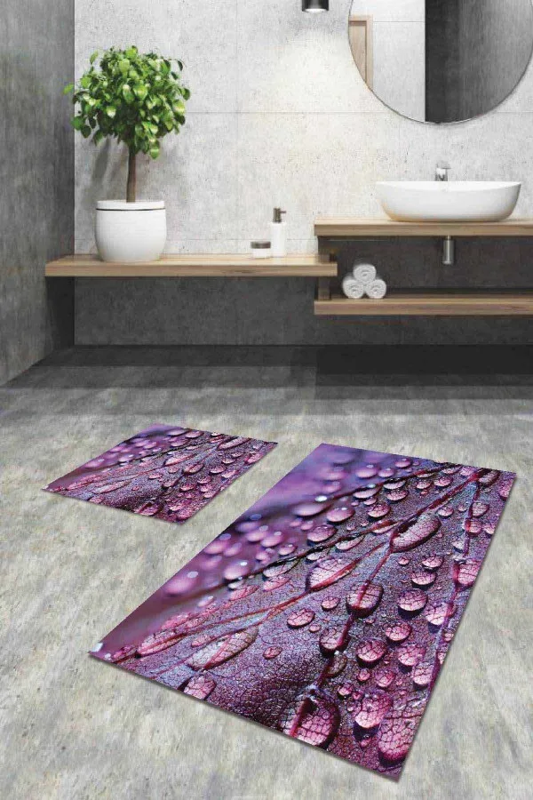 Klozet Takımı 2Li Mor 3D Üç Boyutlu Banyo Halısı Klozet 2'li Paspas Seti BS024
