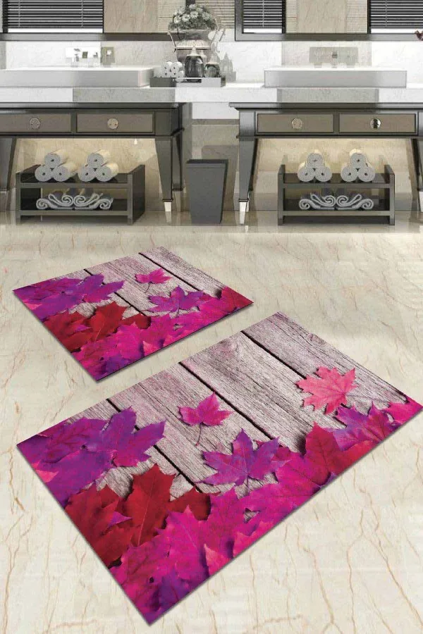 Süngerli Banyo Paspası Fuşya Çınar 3D Banyo Halısı Klozet Takımı Paspas Seti BS026