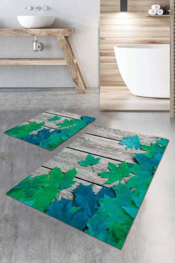 Duş Kaymaz Paspas Yeşil Çınar 3D Üç Boyutlu Banyo Klozet Paspas Seti BS027