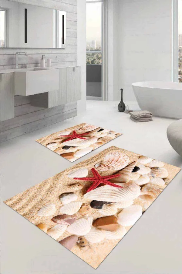 Kaydırmaz Paspas Banyo Bej Deniz Kabuklu Banyo Halısı Klozet 2'li Paspas Seti BS028